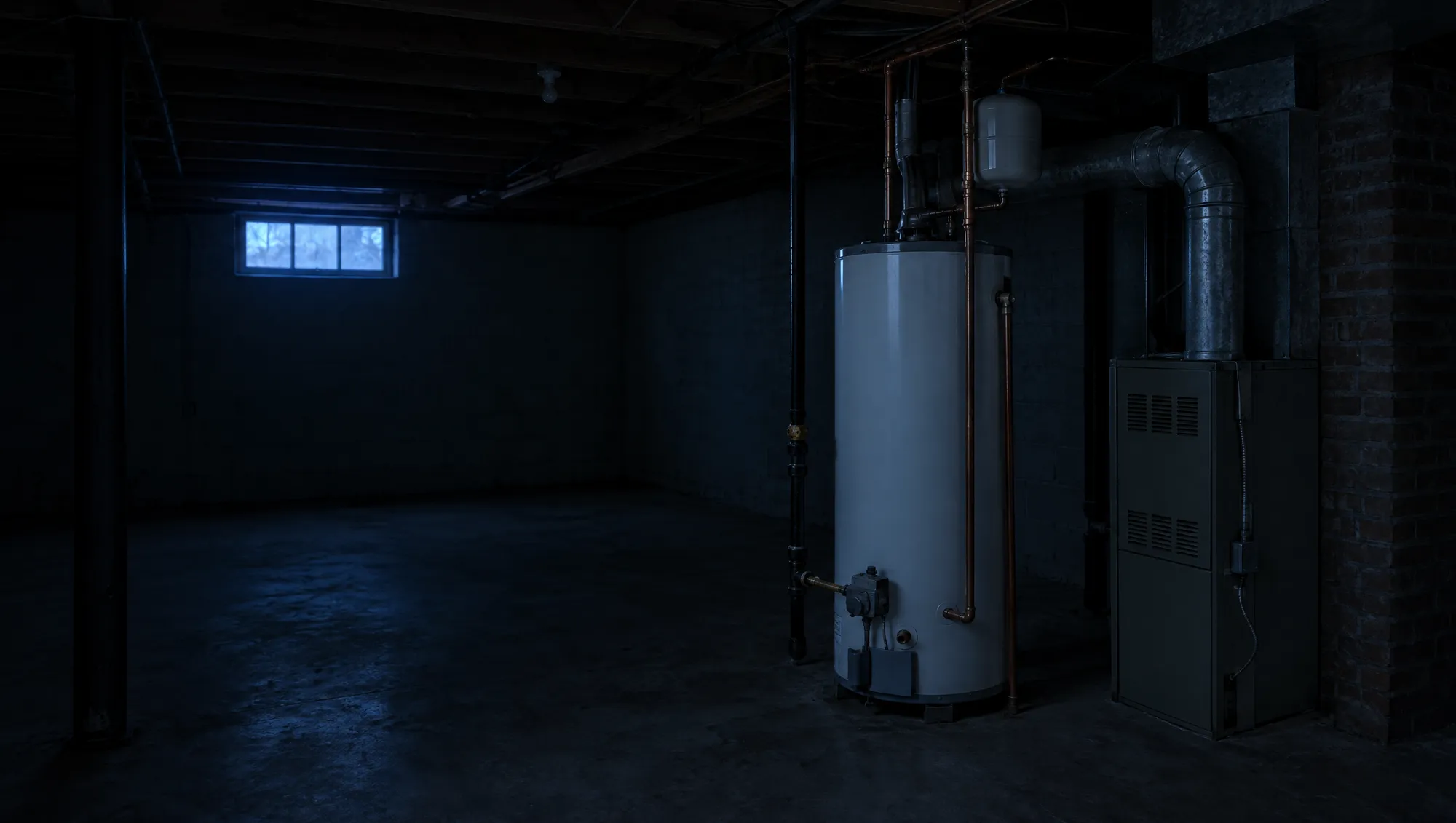 A gas water heater in a dark basement