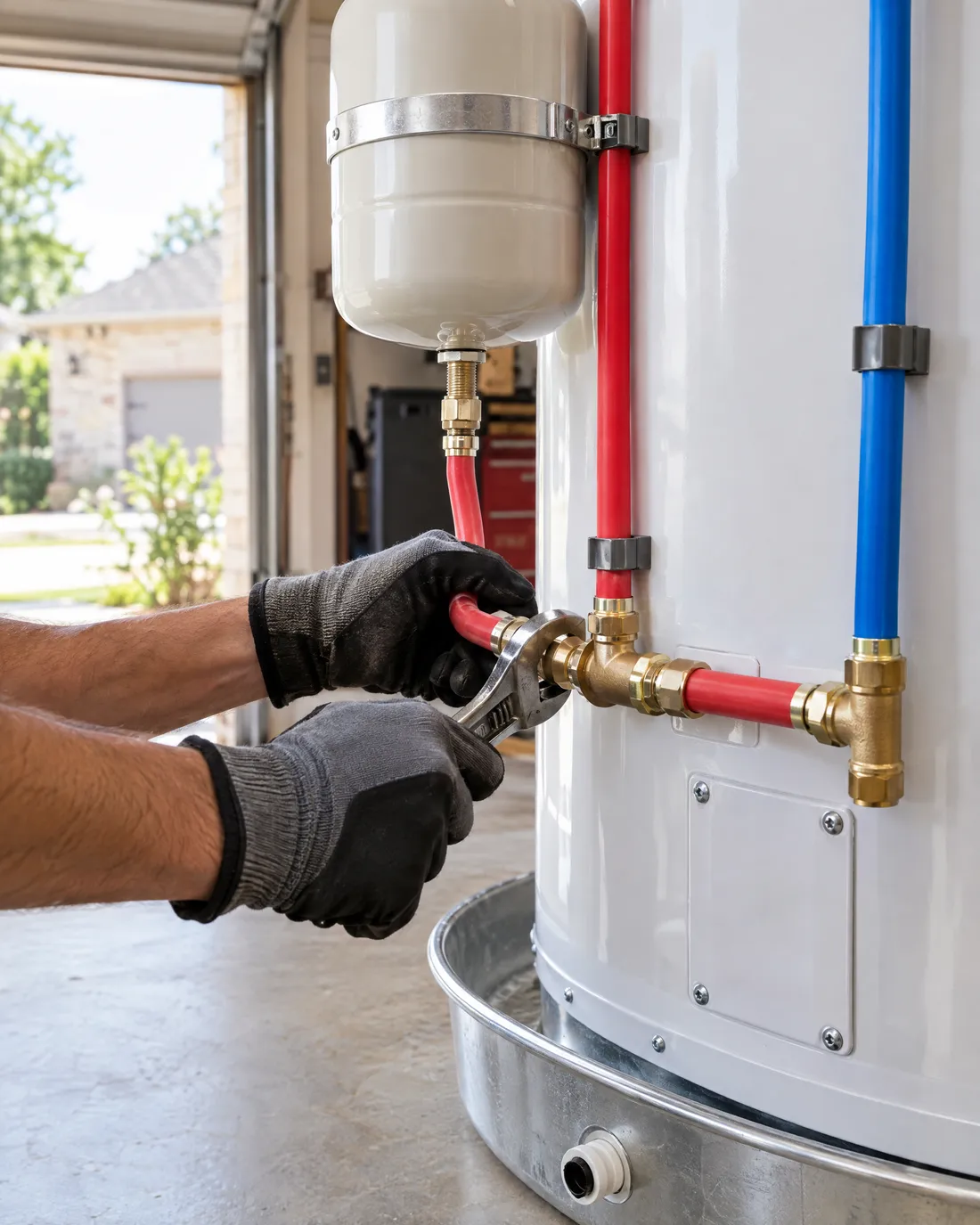 A plumber connecting water lines to a new water heater